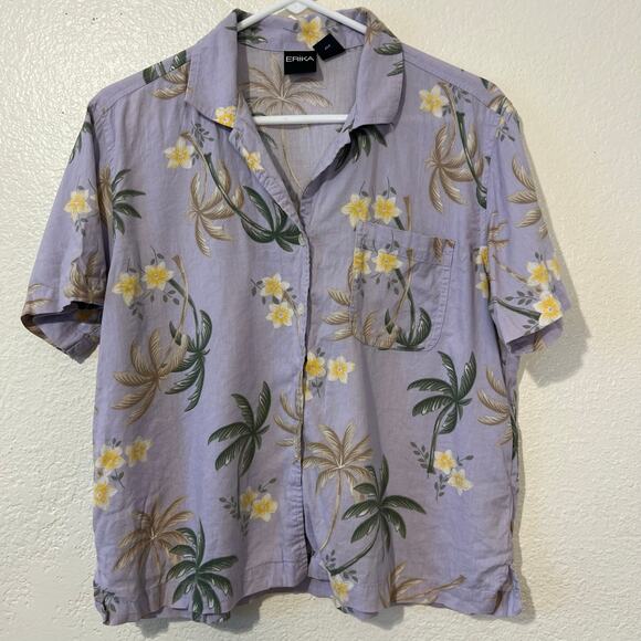 Vintage Y2K 90s Erika Tropical Floral Palm Tree Pocket Hawaiian Shirt Sz Medium - Picture 1 of 6